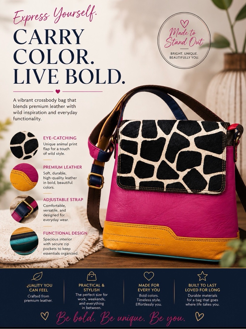 Vibrant Pink & Yellow Crossbody with Giraffe-Print Flap